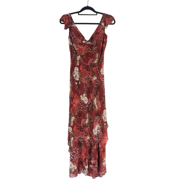 Christian Lacroix Dresses & Skirts - Christian Lacroix Women's Red Floral Beaded V-neck Flare Maxi Dress Size 4